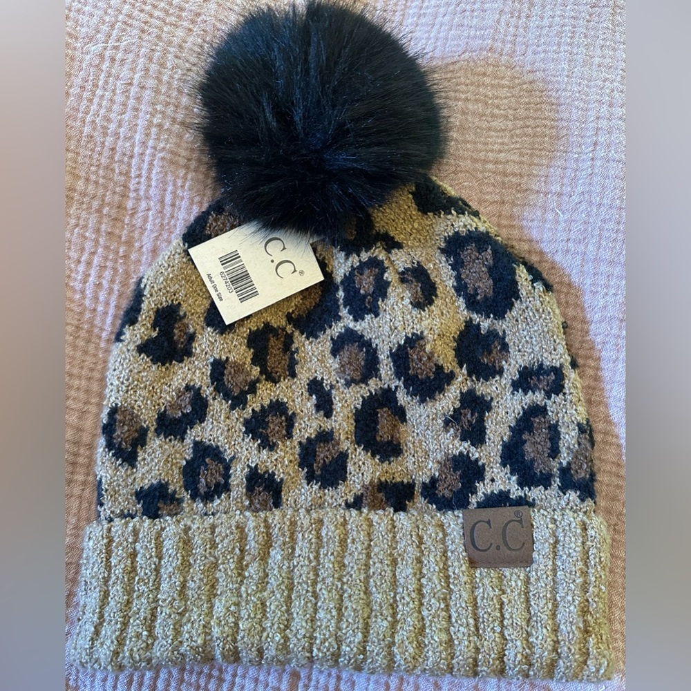 C.C Women’s Leopard Knit Beanie with Black Faux Fur Pom